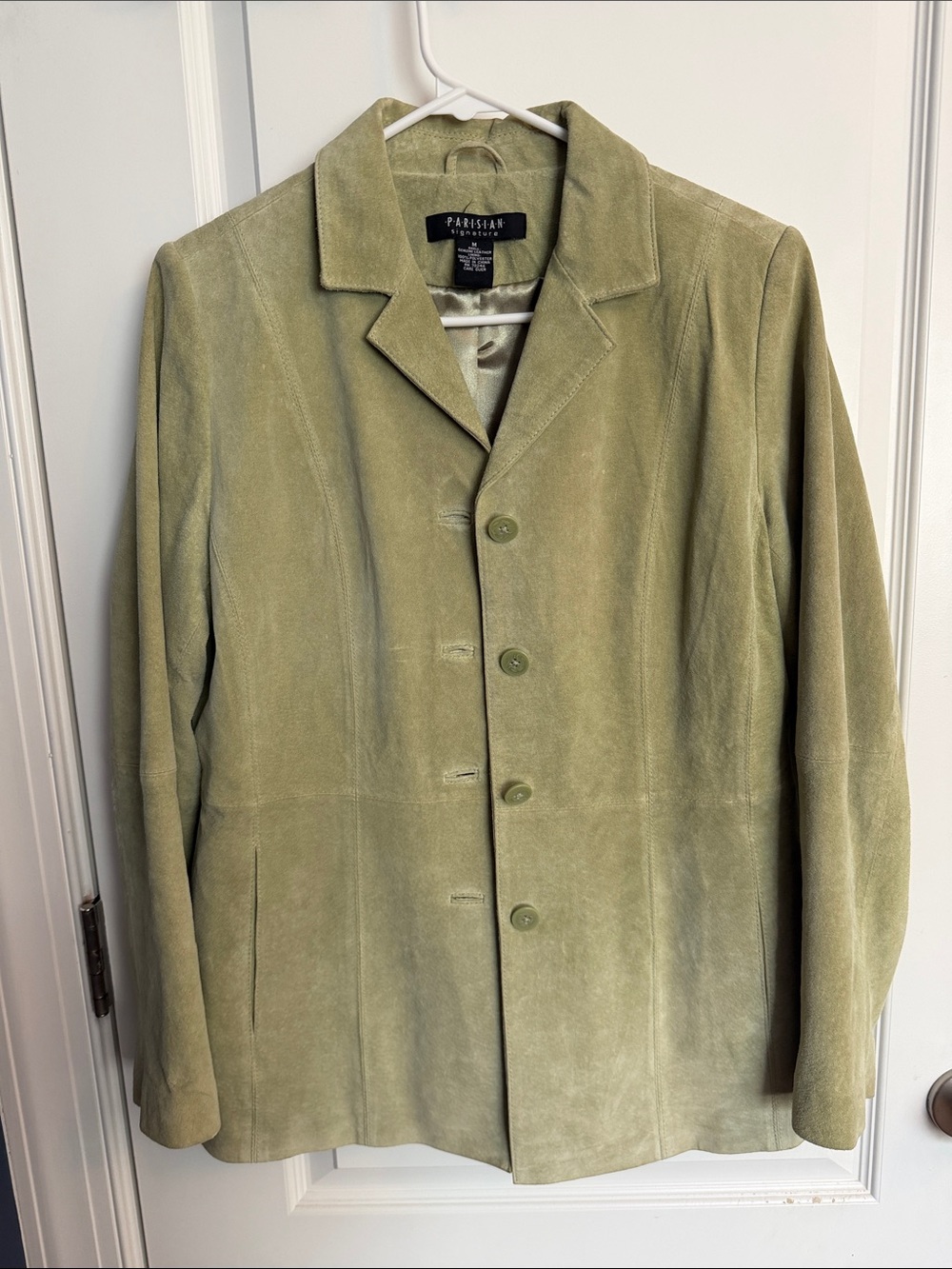 Parisian Signature Genuine Suede Blazer Sage Olive Green Notched Lapel 4 Button